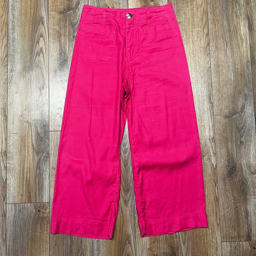 Anthropologie Maeve Cropped Colette Wide Leg Linen Pants Fushia Size 28 Petite